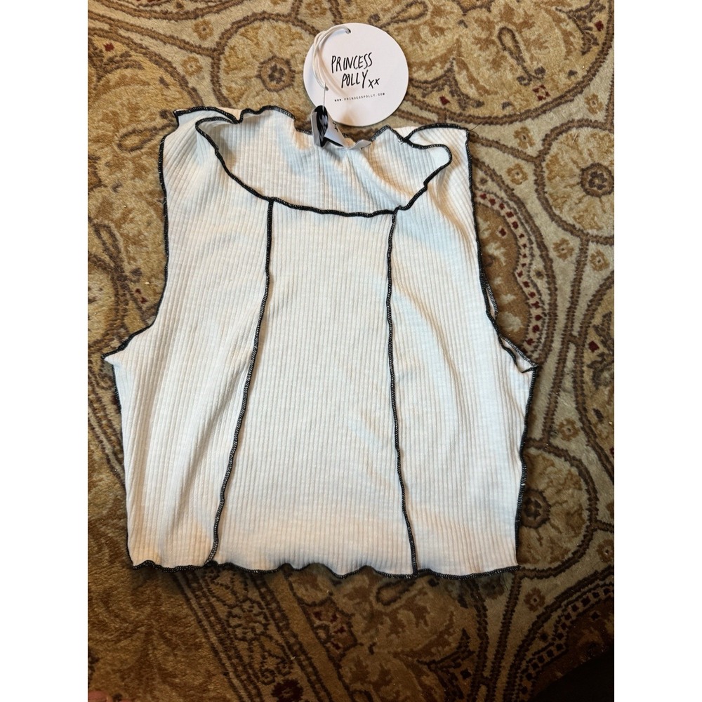 NWT Princess Polly Crop Top XS 4 White Ribbed Lettuce Hem Contrast Black Stitch